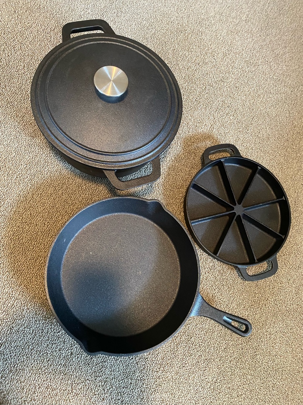 Cast Iron Skillet Set with Lid and Wedge Pan - Black